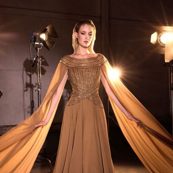 New Sequins Embellished Maxi Red Carpet Gown w/ Cape Sleeves & Boat Neck CD CL08 - Picture 1 of 10